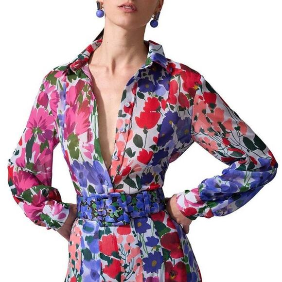 NWT Carolina Herrera Classic Long Sleeve Button Down Celeste Multi Floral Size 2 - Picture 1 of 9
